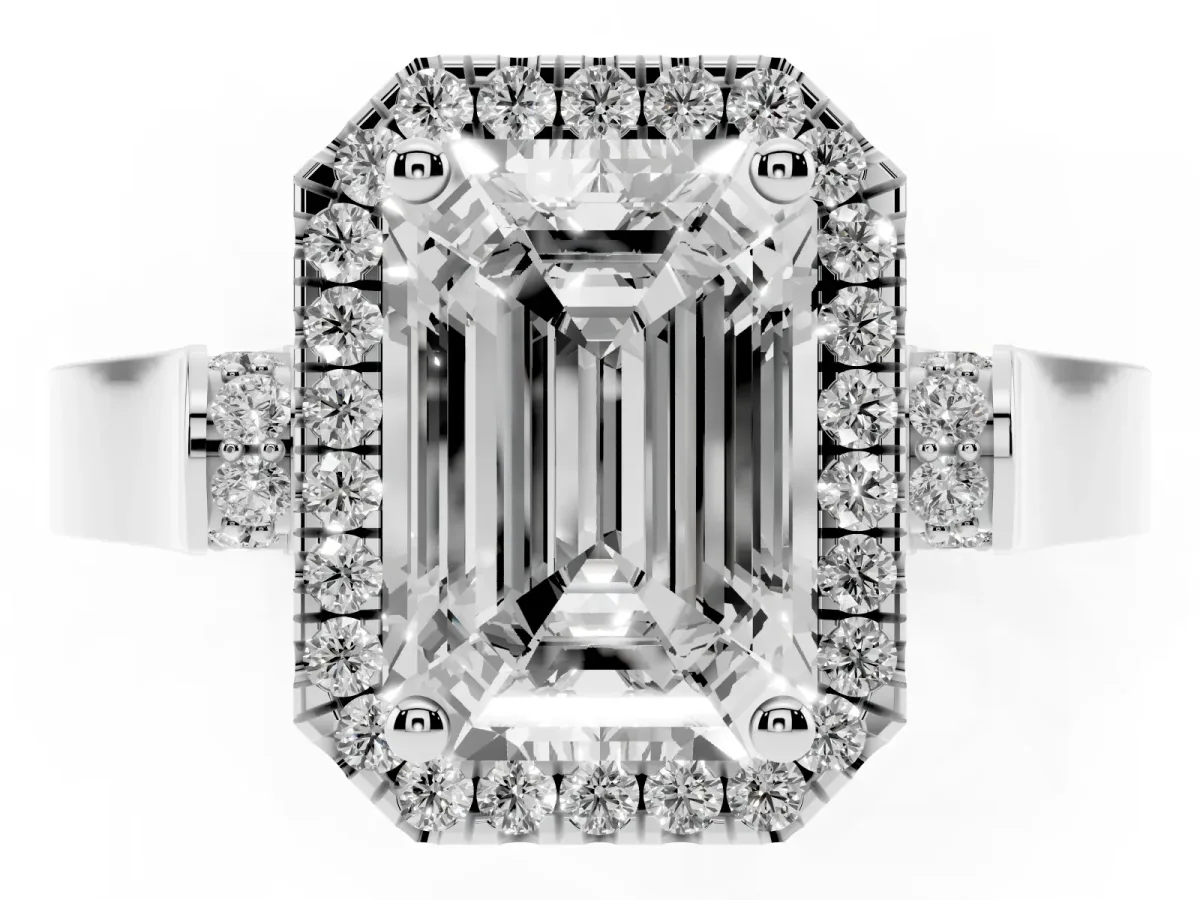 Emerald Cut Halo Round Diamond Twist Band with Four-Prong Setting Silver
