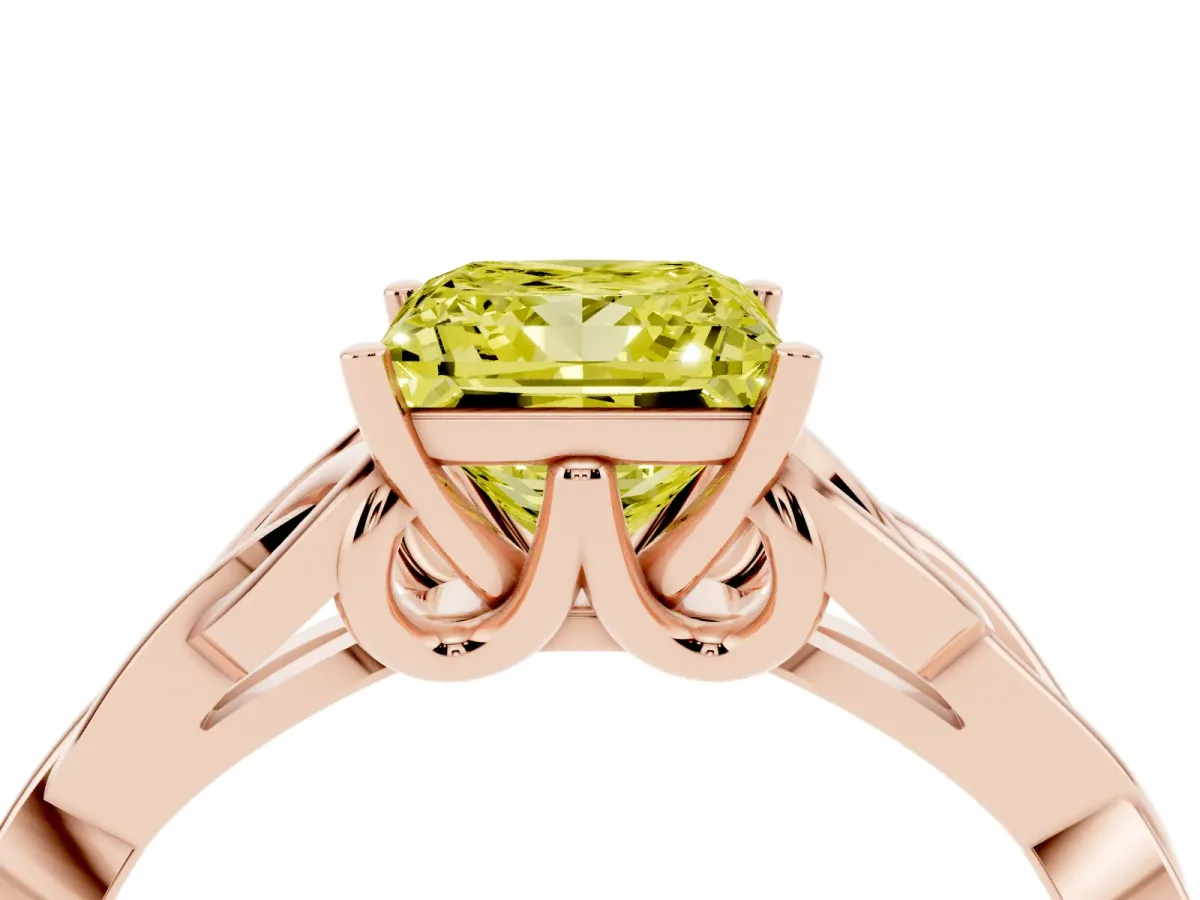 Fancy Yellow Princess Cut Diamond Solitaire Engagement Ring with Celtic Knot Band and Four-Prong Setting Rose gold