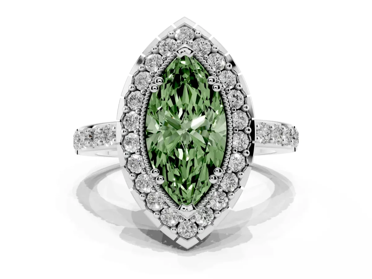 Fancy Green Marquise Cut Diamond Halo Ring with Pavé Band and Prong Setting White gold