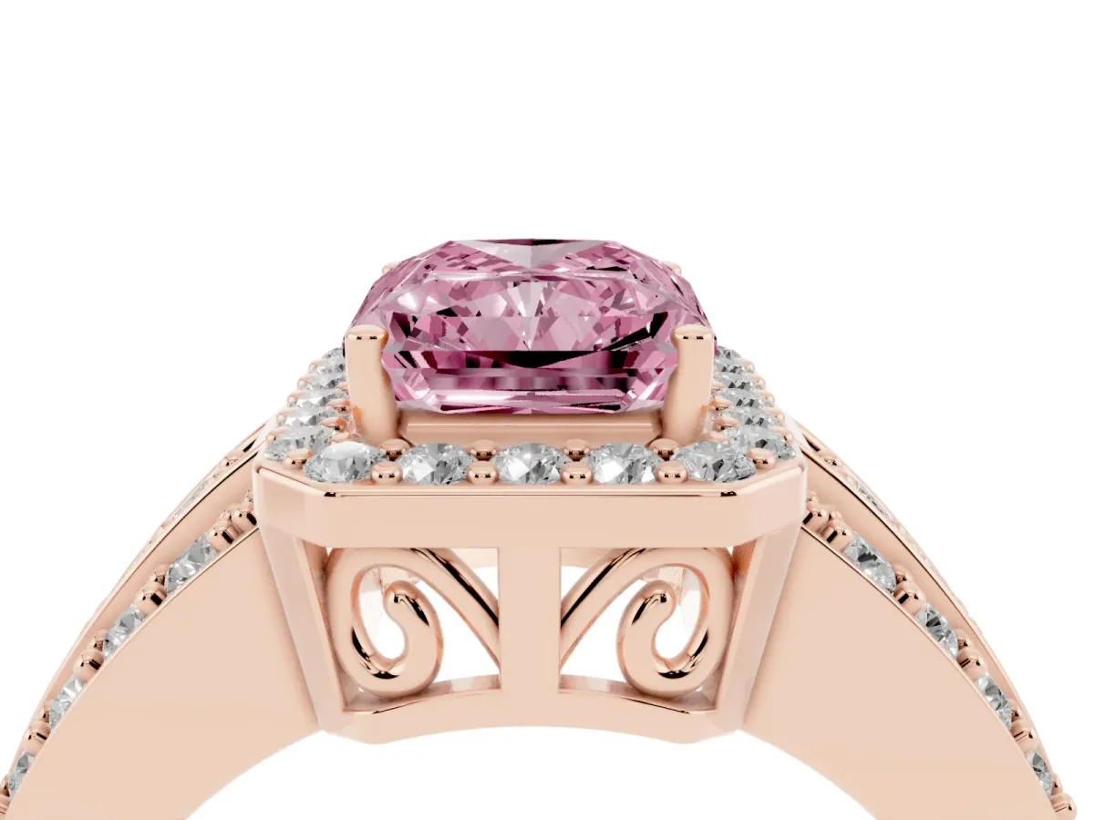 Fancy Pink Radiant Cut Halo Diamond Ring with Round Split Shank and Prong Setting Rose gold