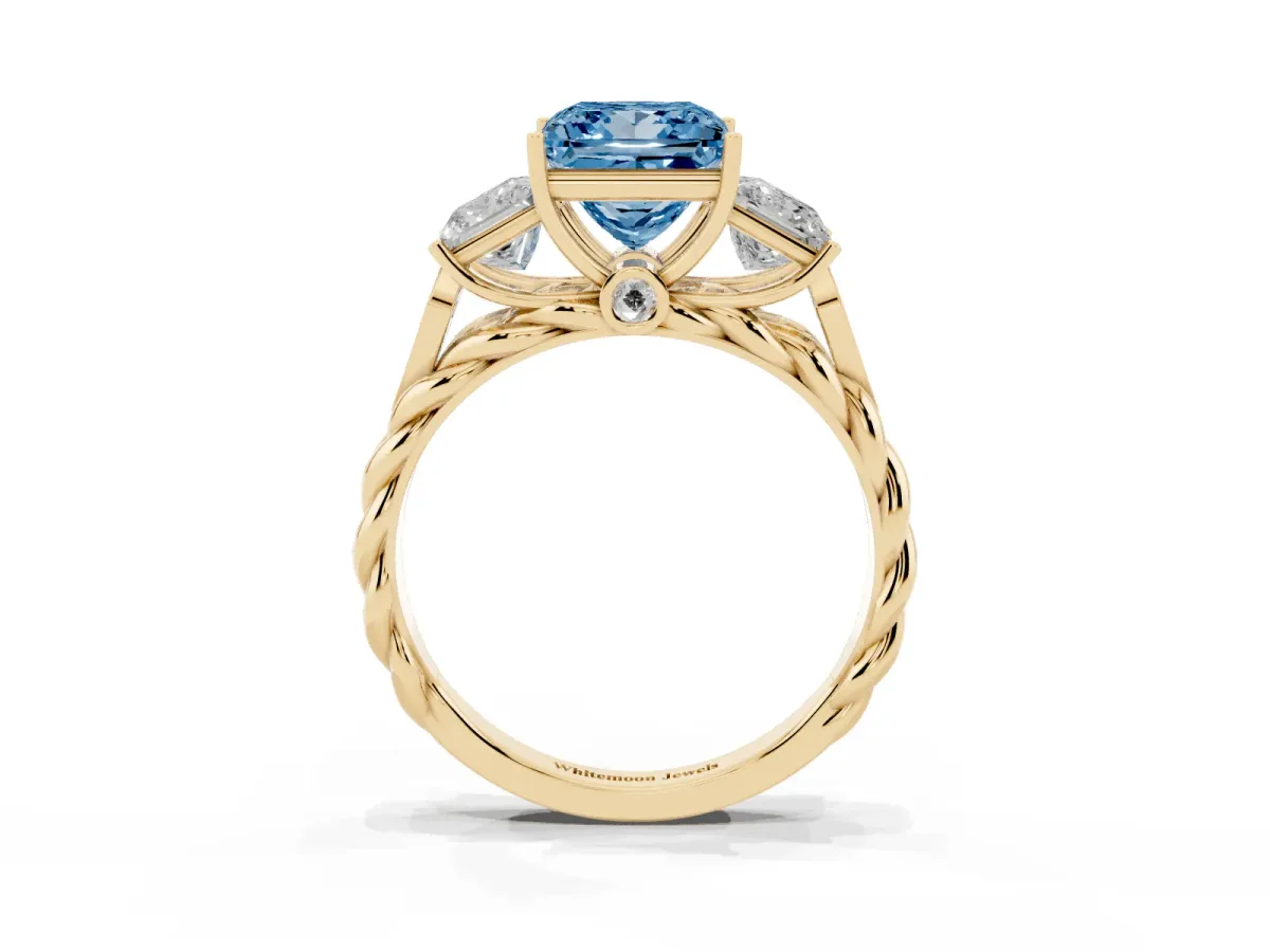 Fancy Blue Three-Stone Princess Cut Diamond Braided Band Ring with Four-Prong Setting Yellow gold