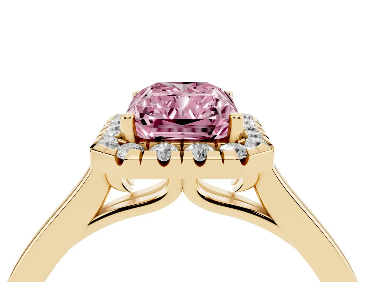 Fancy Pink Radiant Cut Halo Round Diamond Solitaire Ring with Pavé Band and Four-Prong Setting Yellow gold