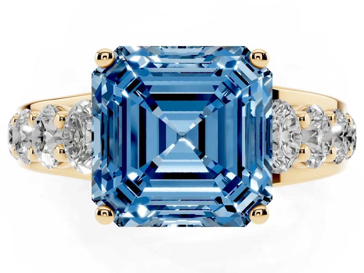 Fancy Blue Asscher Cut Diamond Engagement Ring with Pavé Band and Four-Prong Setting Yellow gold
