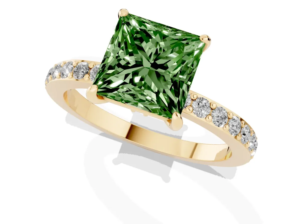 Fancy Green Princess Cut Diamond Solitaire Engagement Ring with Pavé Band and Four-Prong Setting Yellow gold