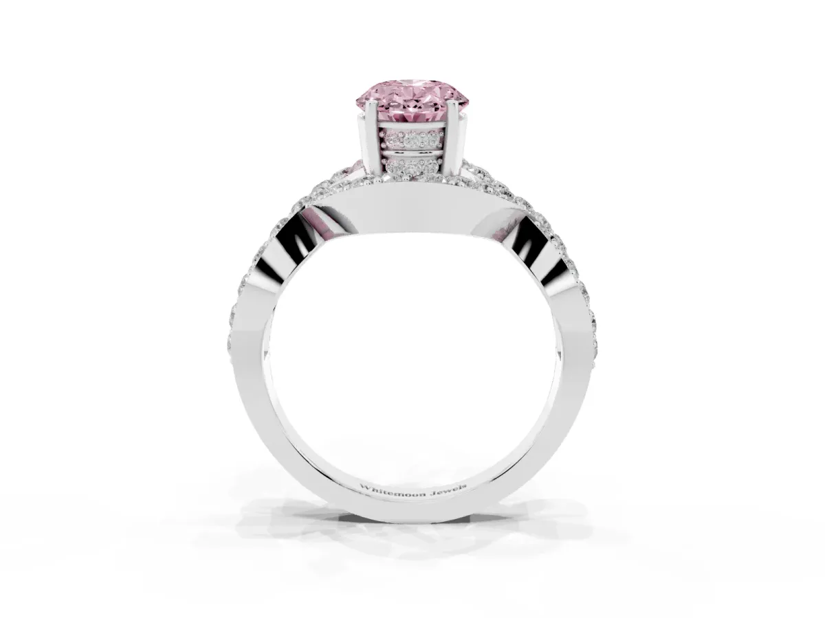 Fancy Pink Oval Cut Solitaire Twist Band Pavé Diamond Engagement Ring Silver
