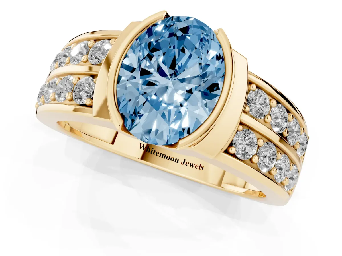 Fancy Blue Oval Cut Brilliant Diamond Channel Set Wide Band Ring with Bezel Setting Yellow gold