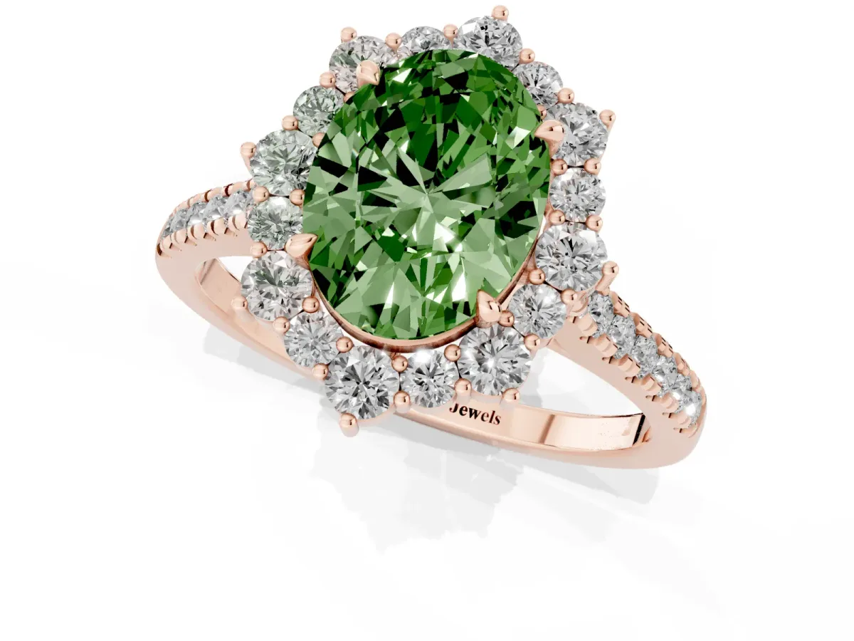 Fancy Green Oval Cut Halo Diamond Ring with Pavé Band and Prong Setting Rose gold
