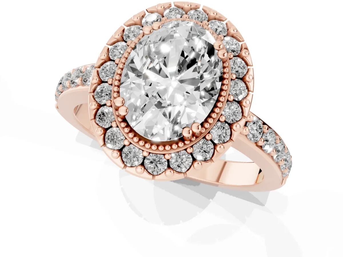 Oval Cut Diamond Halo Ring with Pavé Band and Prong Setting Rose gold