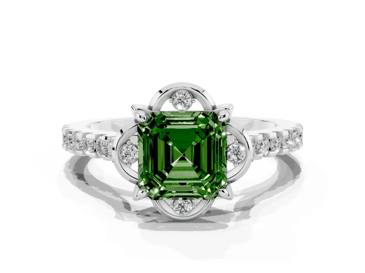 Fancy Green Asscher Cut Diamond Ring with Pavé Band and Floral Prong Setting White gold