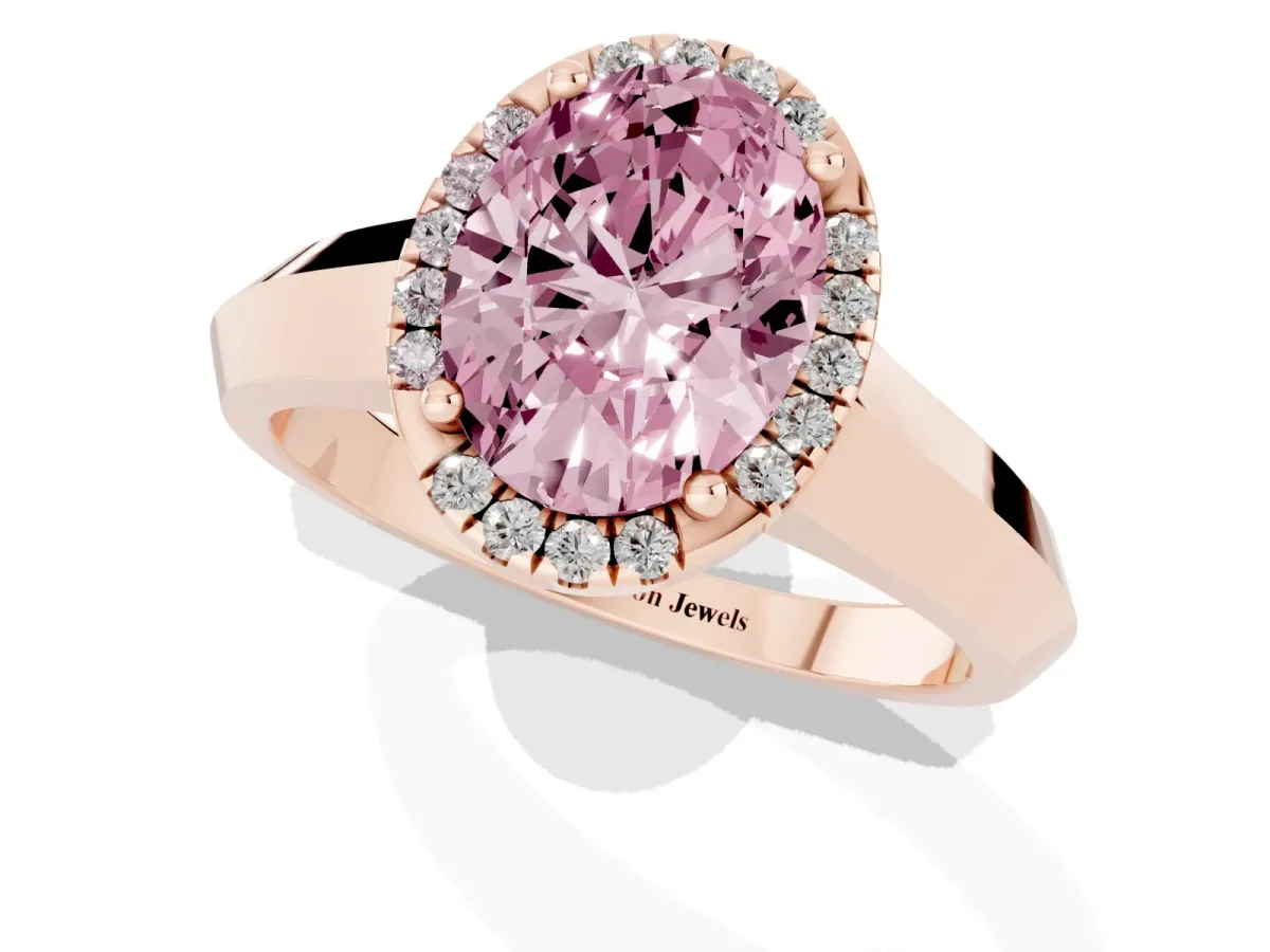 Fancy Pink Oval Cut Halo Diamond Ring with Cathedral Band and Four-Prong Setting Rose gold