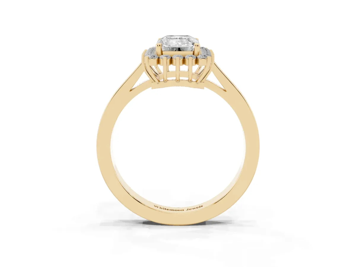 Emerald Cut Cut Diamond Halo Ring with Round Brilliant Halo and Solitaire Band Yellow gold