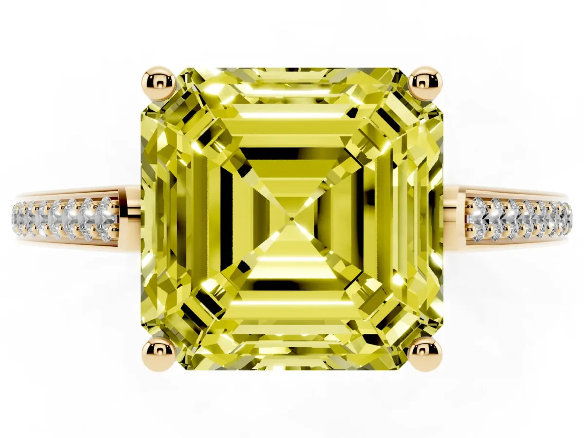 Fancy Yellow Asscher Cut Cut Cathedral Pave Diamond Engagement Ring with Six-Prong Setting Yellow gold