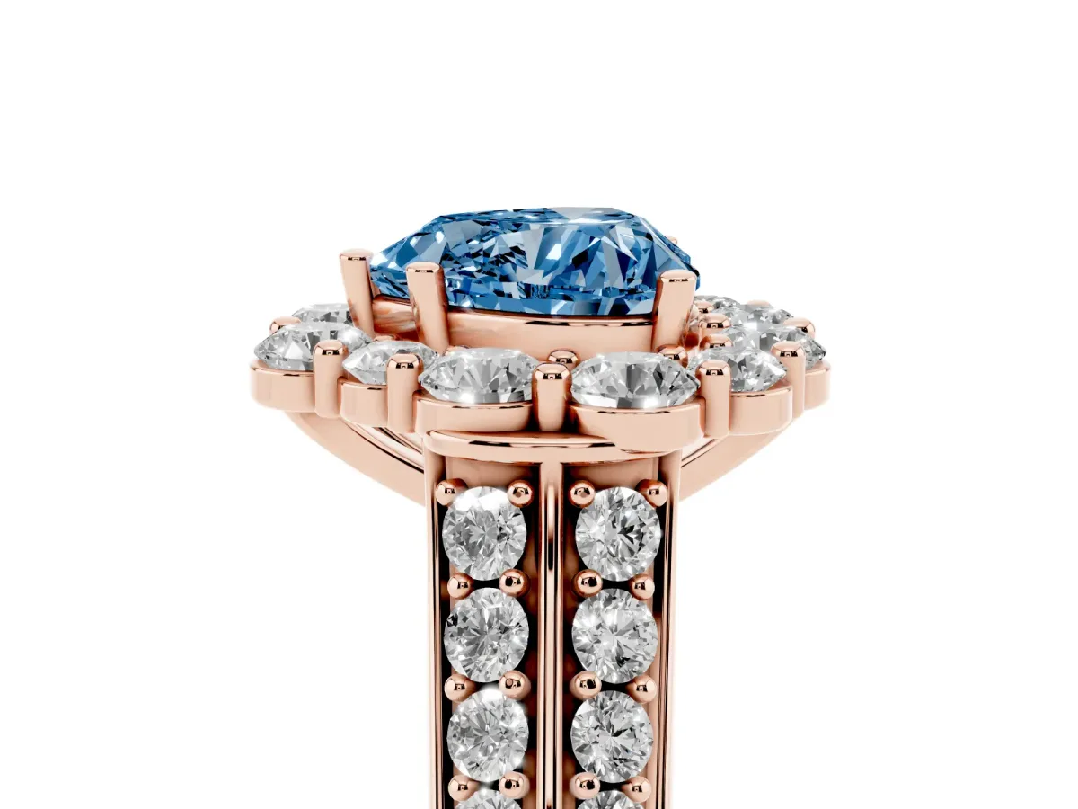 Fancy Blue Heart Cut Halo Diamond Engagement Ring with Split Shank and Prong Setting Rose gold