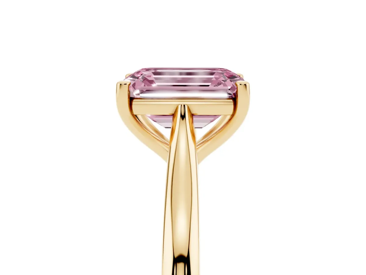 Fancy Pink Emerald Cut Cut Solitaire Ring with Cathedral Band and Four-Prong Setting Yellow gold