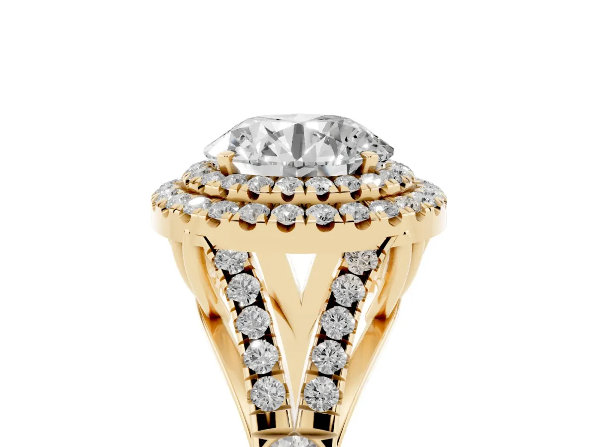 Round Cut Diamond Double Halo Ring with Split Shank and Prong Setting Yellow gold