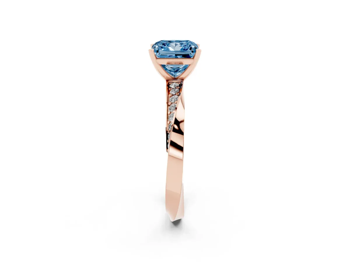 Fancy Blue Princess Cut Diamond Engagement Ring with Side Stone Accents and Four-Prong Setting Rose gold