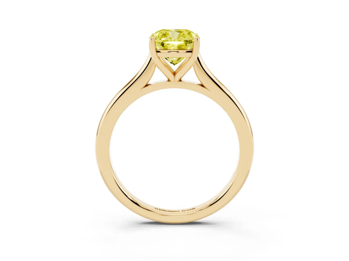 Fancy Yellow Cushion Cut Cut Solitaire Ring with Cathedral Band and Four-Prong Setting Yellow gold