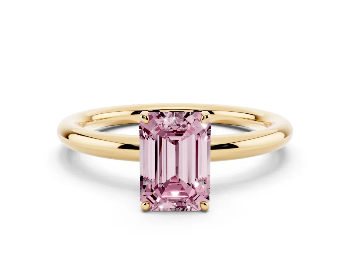 Fancy Pink Emerald Cut Solitaire Diamond Ring with Four-Prong Setting on a Plain Band Yellow gold