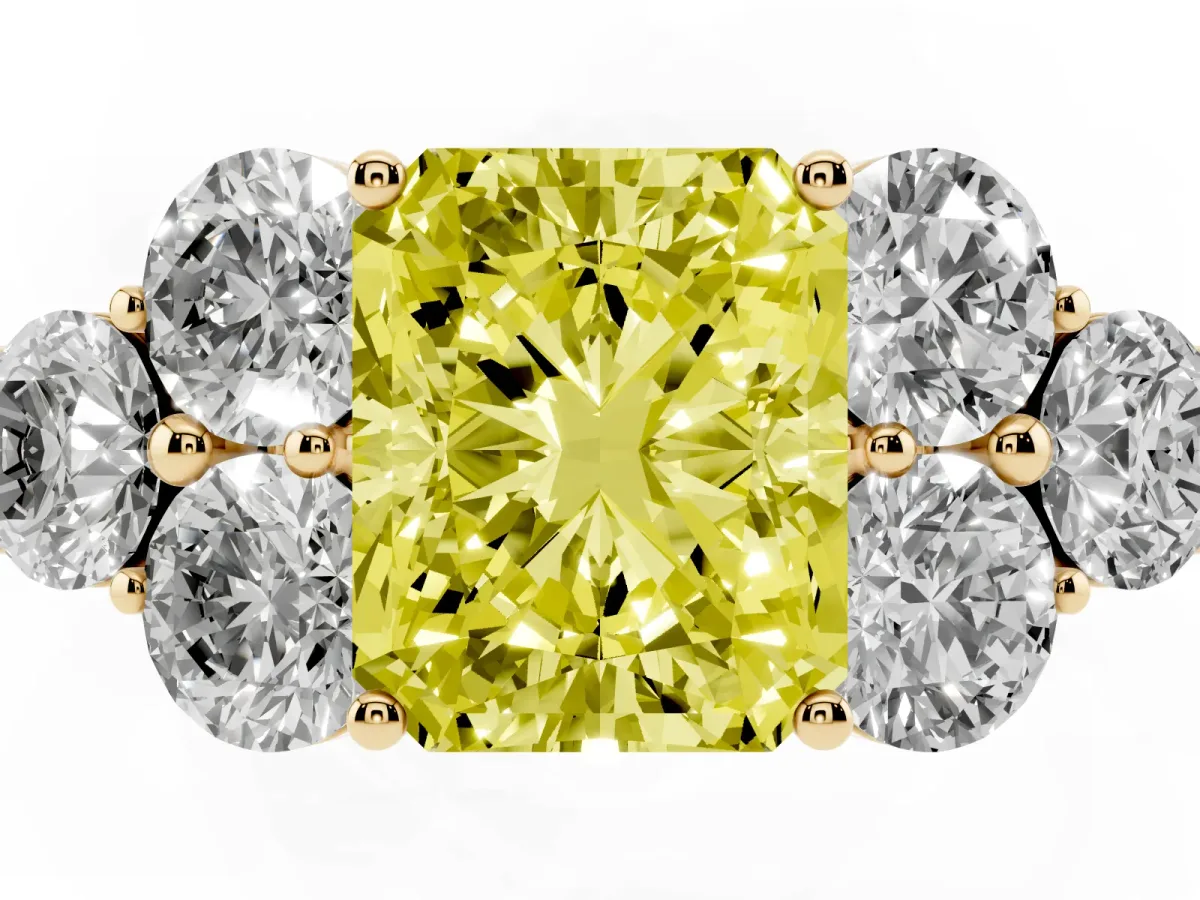 Fancy Yellow Radiant Cut Cut Diamond Cluster Ring with Round Accent Stones and Prong Setting on a Classic Band Yellow gold