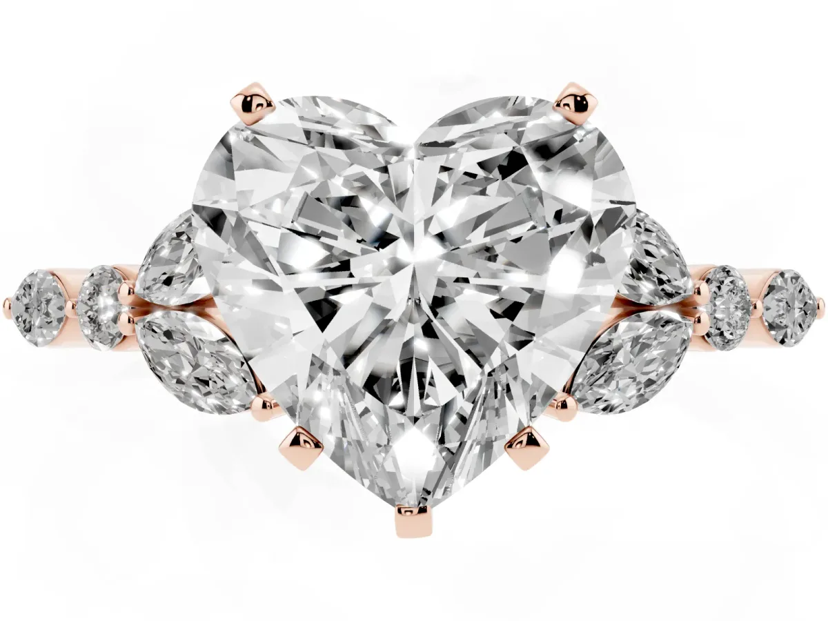 Heart Cut Diamond Solitaire Ring with Side Stones and Four-Prong Setting Rose gold