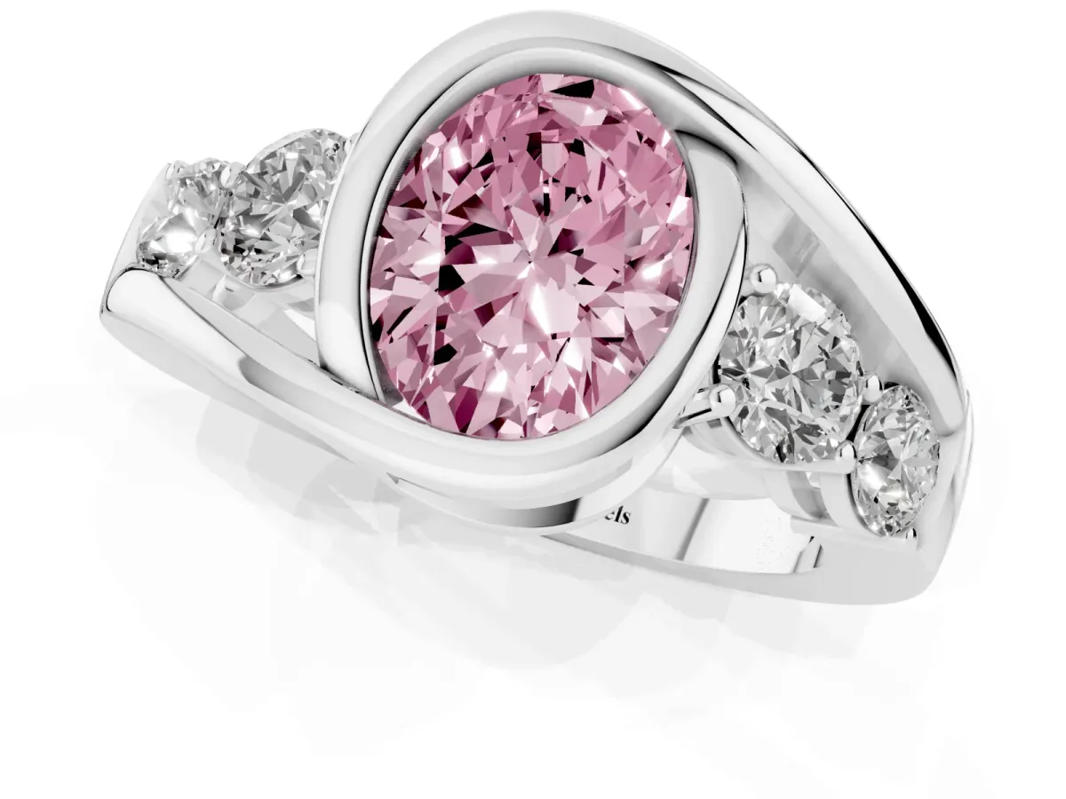 Fancy Pink Bezel Set Oval Cut Diamond Bypass Ring with Round Accents Silver