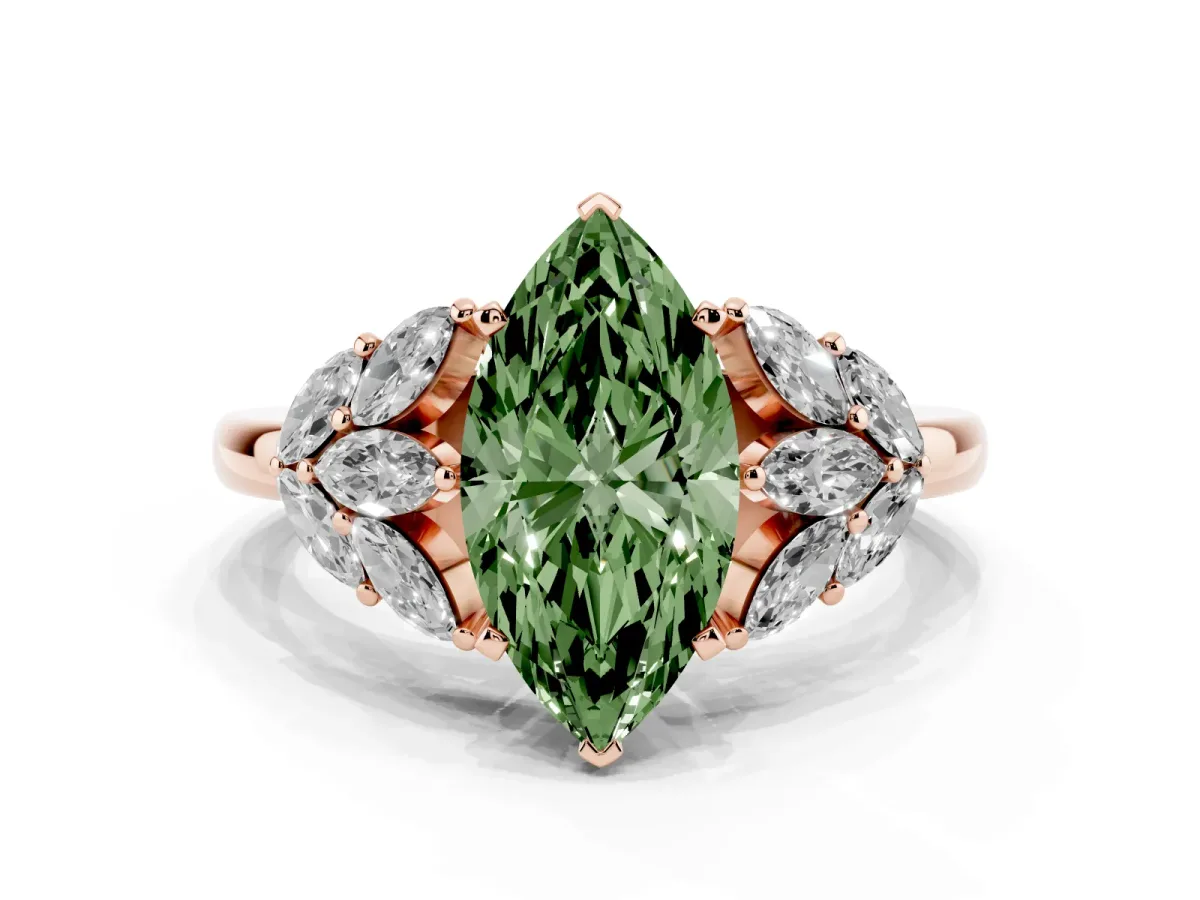 Fancy Green Marquise Cut Diamond Cluster Leaf Design Ring with Prong Setting Rose gold