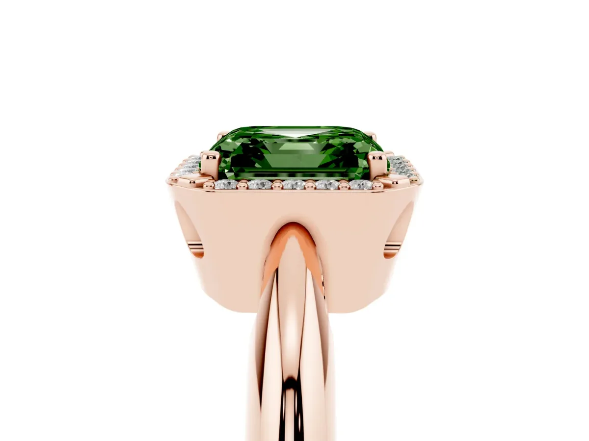Fancy Green Asscher Cut Cut Diamond Halo Engagement Ring with Split Shank and Four-Prong Setting Rose gold