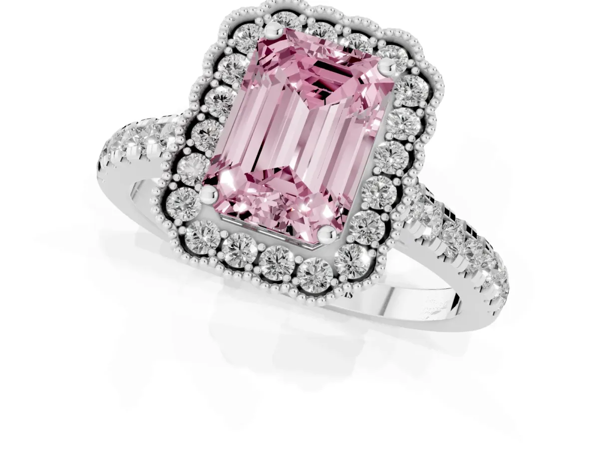 Fancy Pink Emerald Cut Cut Diamond Milgrain Floral Halo Engagement Ring with Pavé Band White gold