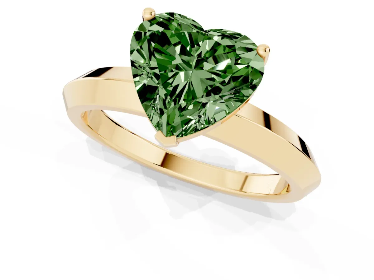 Fancy Green Heart Cut Cut Solitaire Engagement Ring with Flat Band and Four-Prong Setting Yellow gold