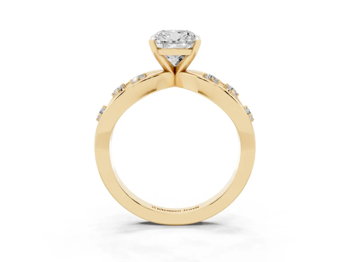 Cushion Cut Cut Solitaire Diamond with Side Stones on Criss-Cross Band and Four-Prong Setting Yellow gold