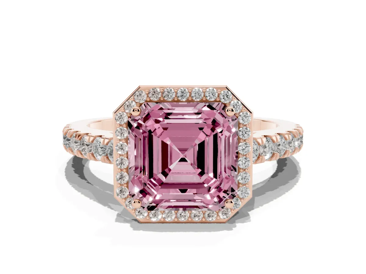 Fancy Pink Asscher Cut Cut Halo Diamond Engagement Ring with Pave Band and Four-Prong Setting Rose gold