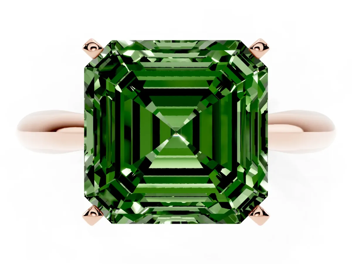 Fancy Green Asscher Cut Diamond Solitaire Engagement Ring with Cathedral Setting and Four-Prong Mount Rose gold