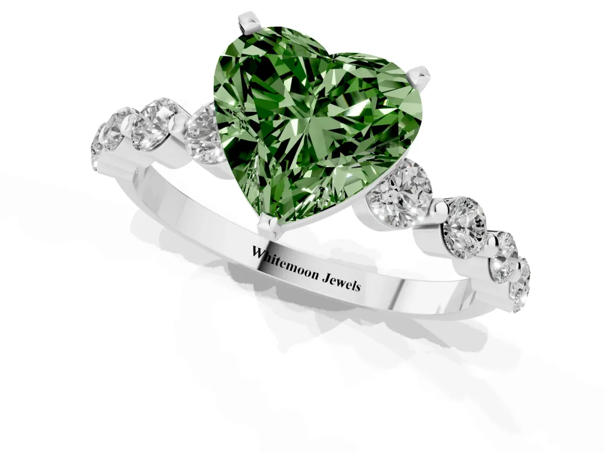 Fancy Green Heart Cut Solitaire Diamond Ring with Pave Band and Four-Prong Setting Silver