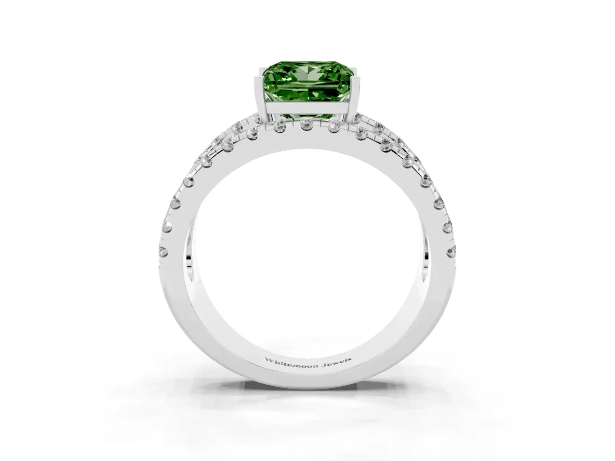 Fancy Green Princess Cut Solitaire Split Shank Pave Diamond Ring Platinum