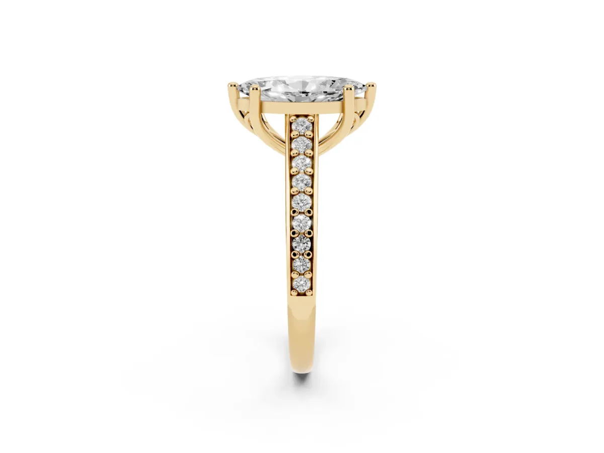 Marquise Cut Solitaire Prong Set Diamond Engagement Ring with Pave Band Yellow gold