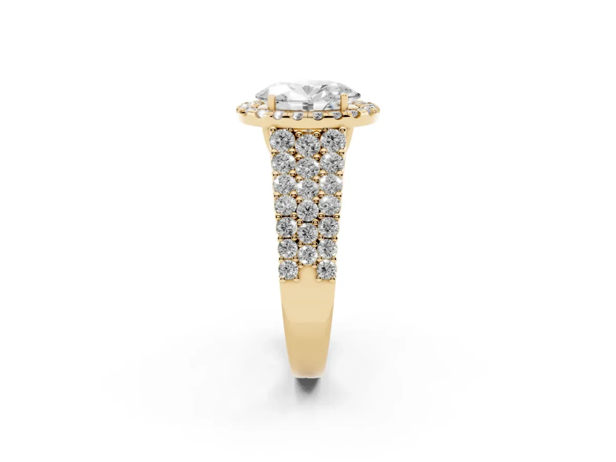 Oval Cut Diamond Halo Engagement Ring with Triple Row Round Pavé Band and Prong Setting Yellow gold