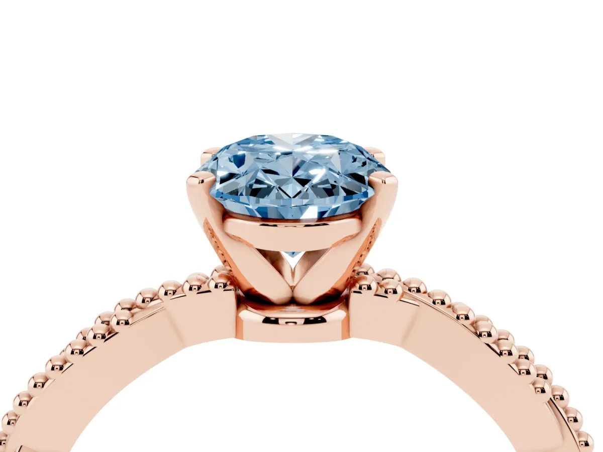 Fancy Blue Oval Cut Solitaire Twisted Band with Bead Prong Setting Rose gold