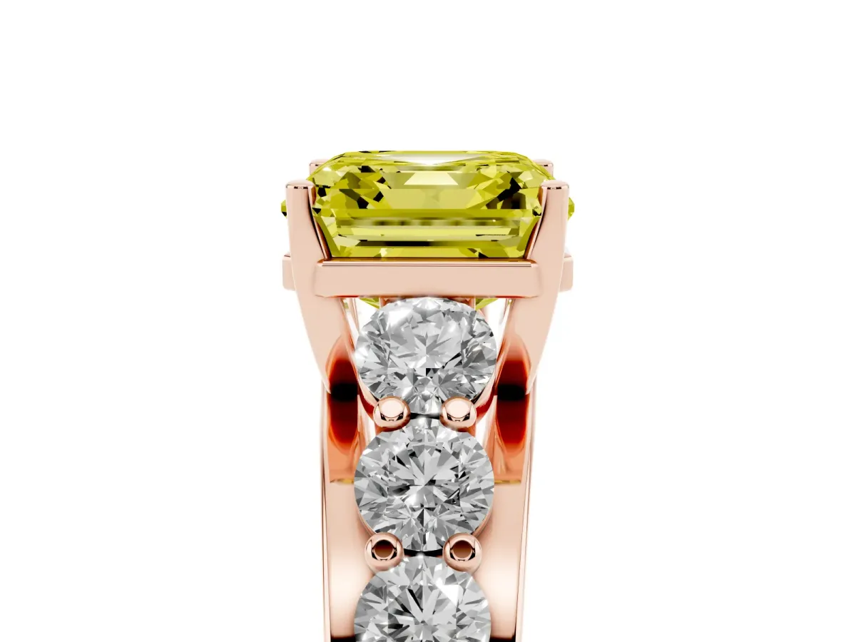 Fancy Yellow Asscher Cut Diamond Engagement Ring with Pavé Band and Four-Prong Setting Rose gold