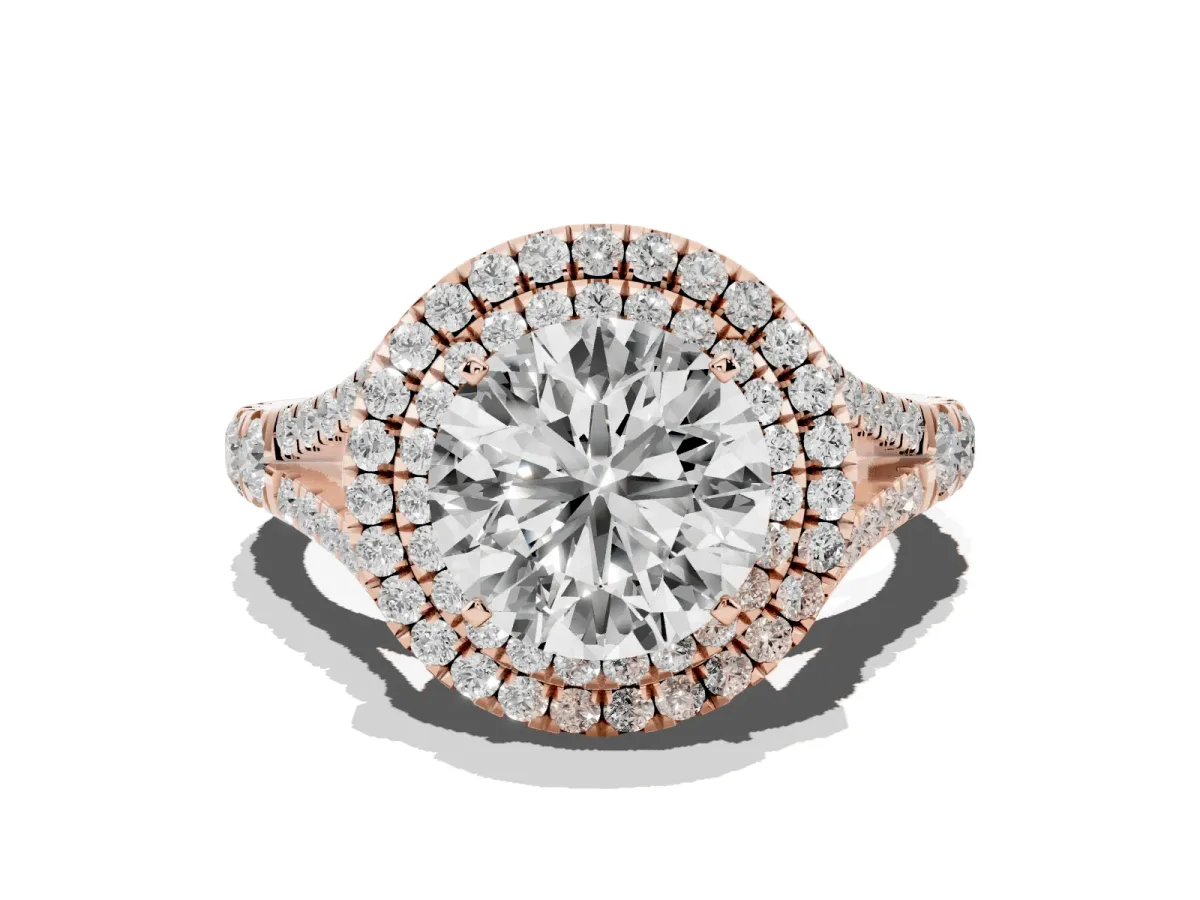 Round Cut Cut Double Halo Split Shank Diamond Ring with Prong Setting Rose gold