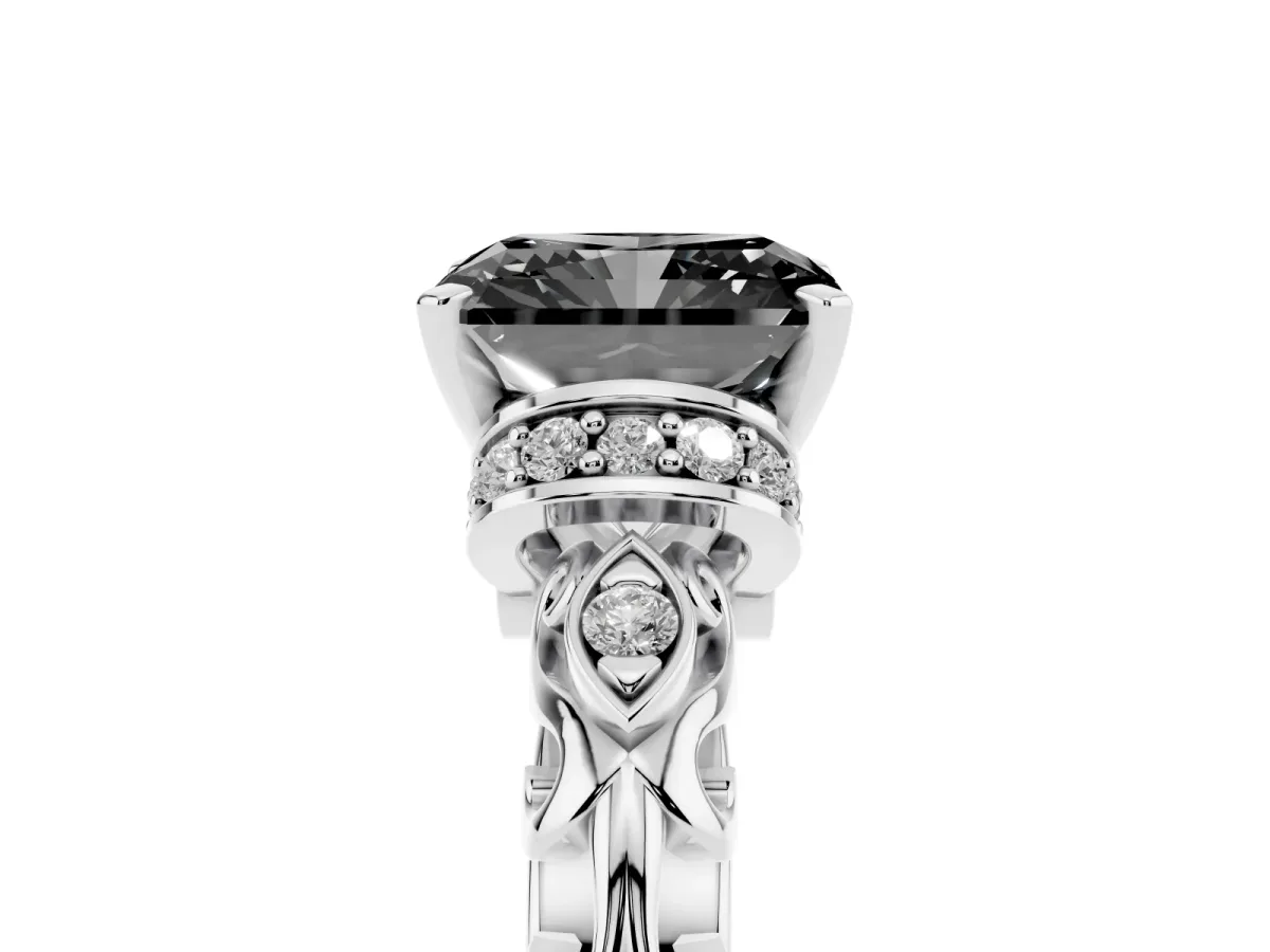 Fancy Black Radiant Cut Diamond Solitaire Ring with Filigree Band and Four-Prong Setting Silver