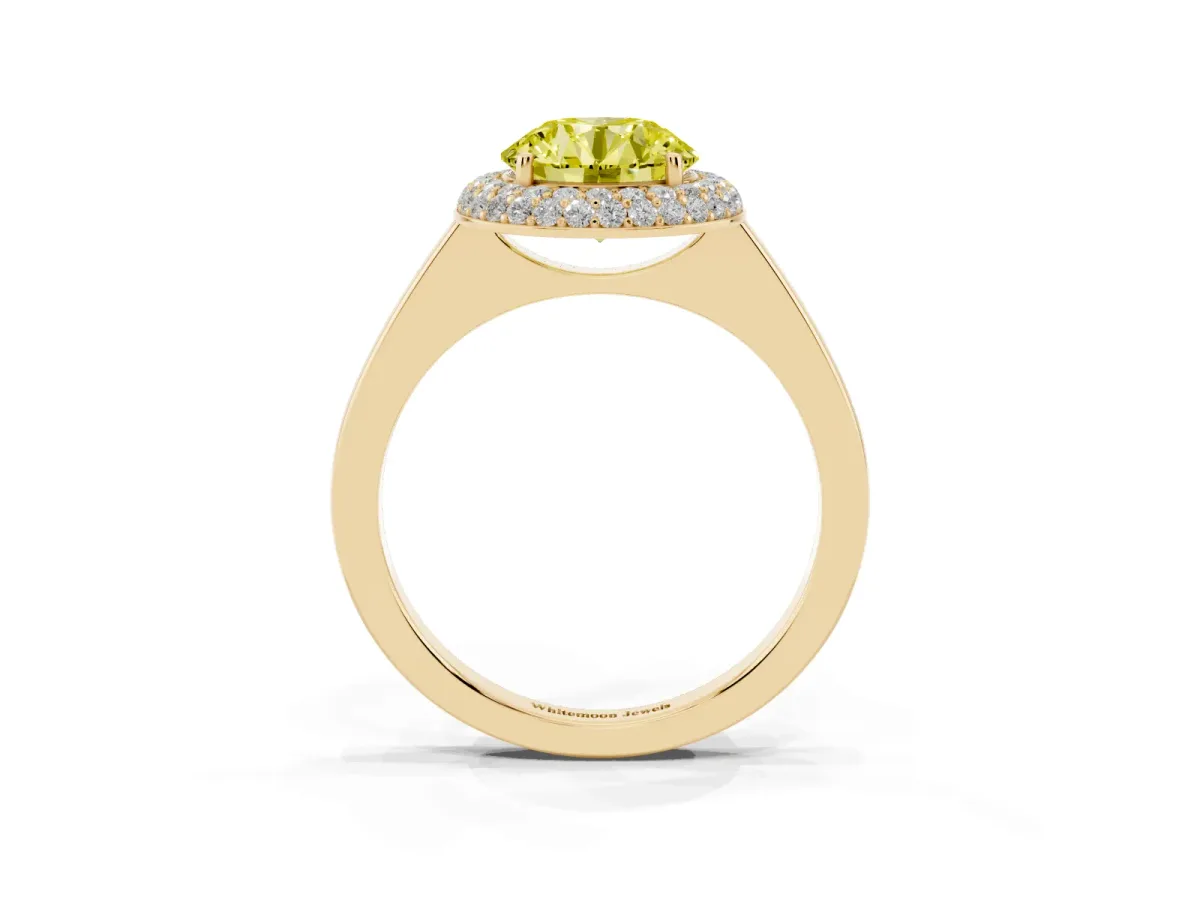 Fancy Yellow Round Cut Halo Diamond Engagement Ring with Solitaire Band and Four-Prong Setting Yellow gold