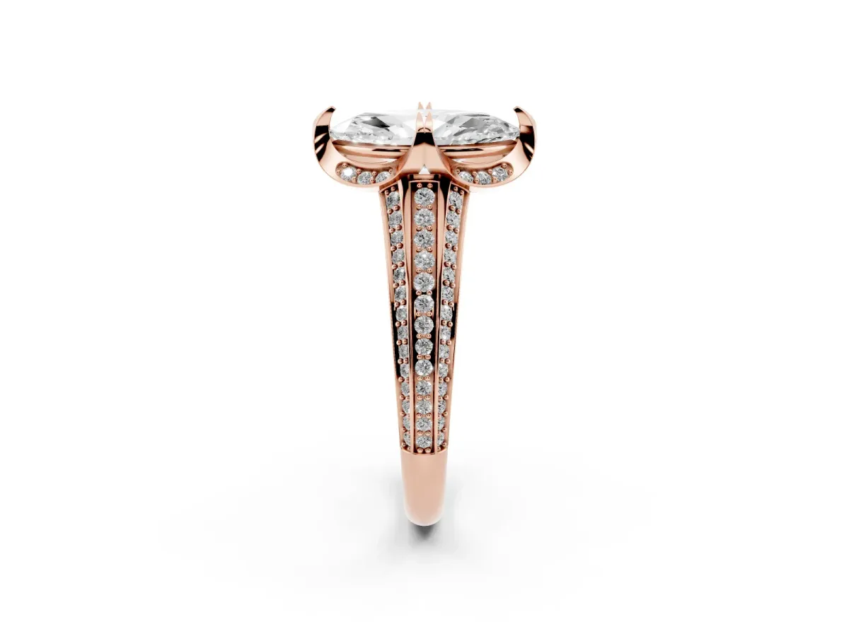 Marquise Cut Solitaire Pave Split Shank Ring with Four-Prong Setting Rose gold