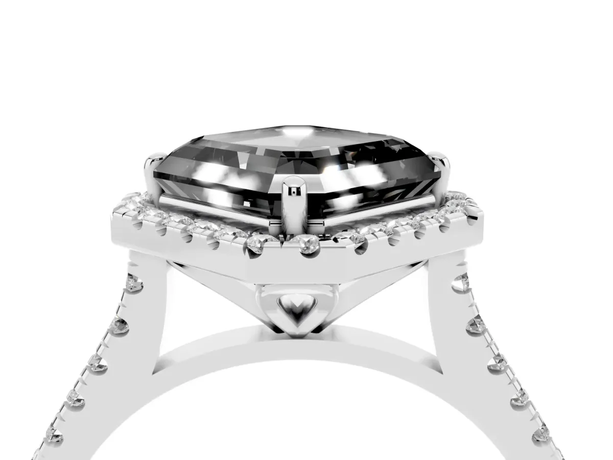 Fancy Black Asscher Cut Diamond Cushion Halo Ring with Pavé Band Platinum