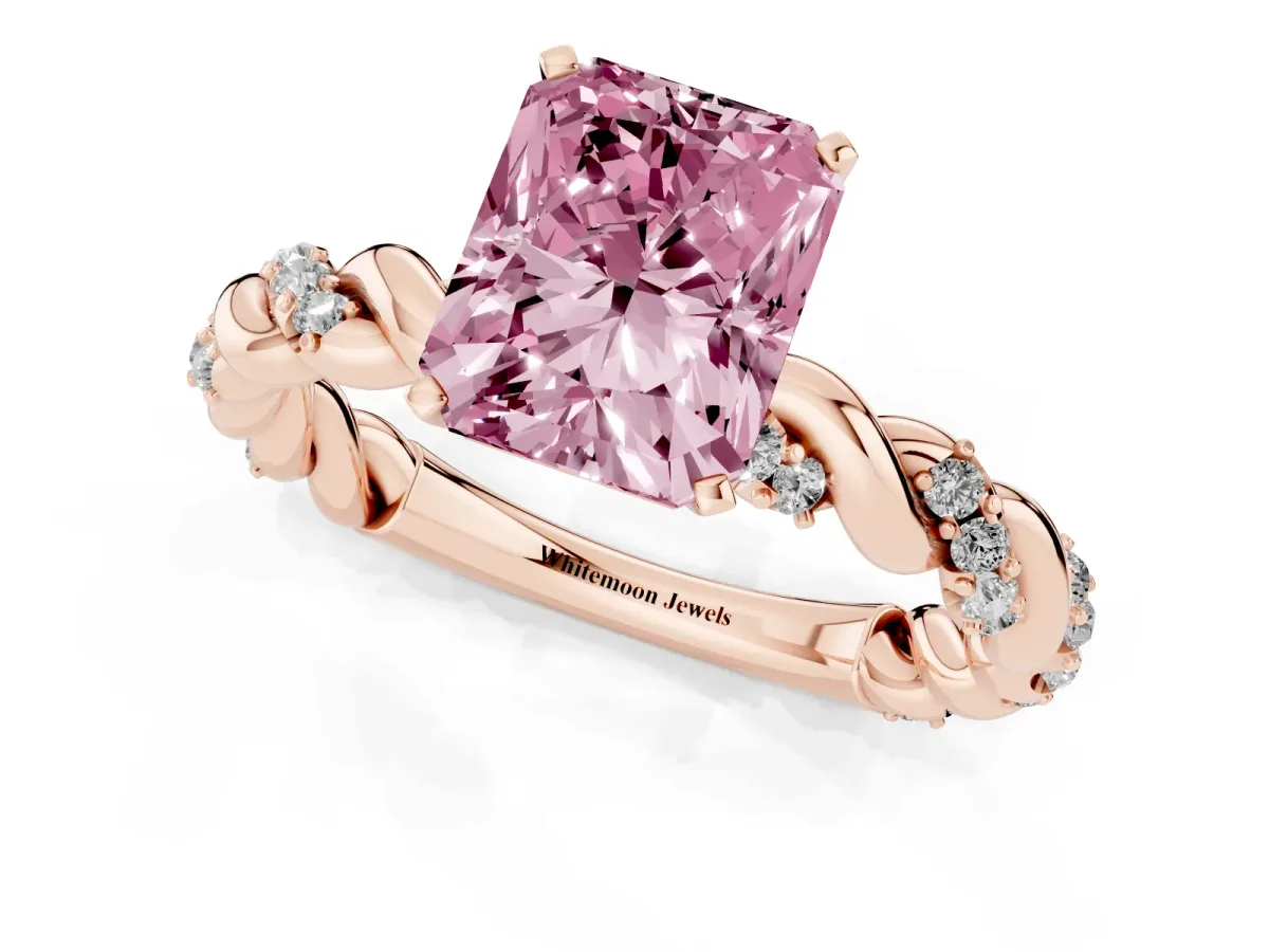 Fancy Pink Radiant Cut Diamond Solitaire Ring with Twisted Band and Pavé Accents Rose gold