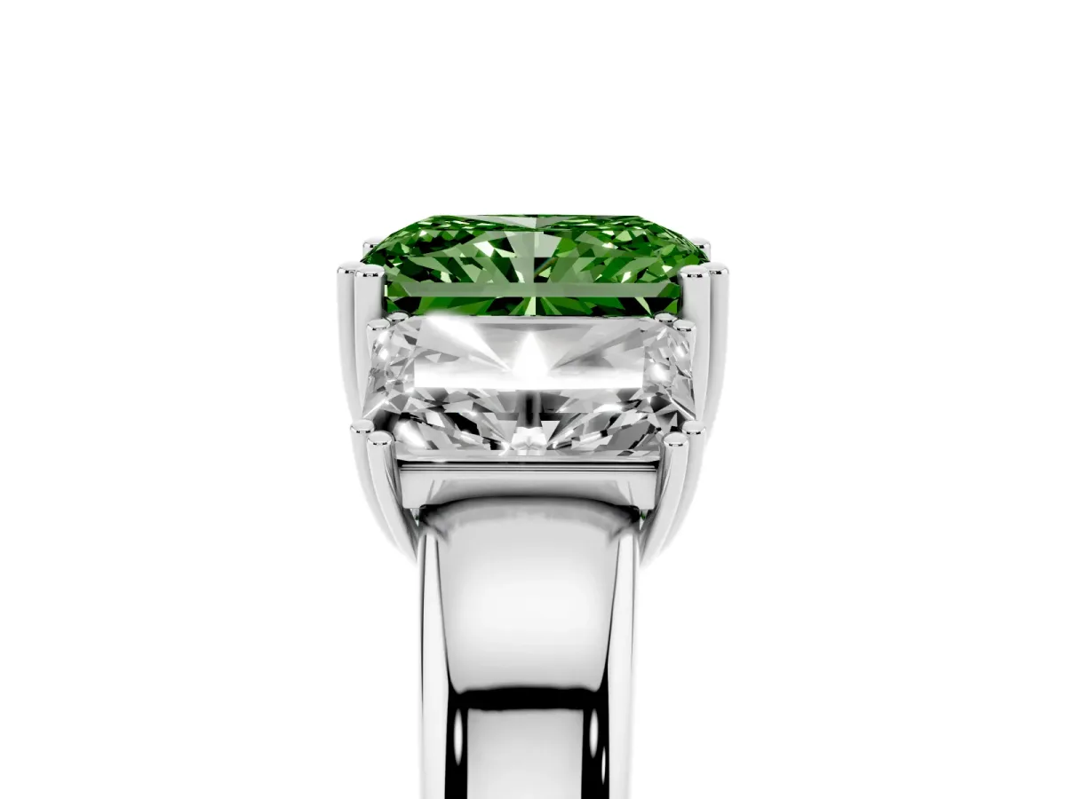 Fancy Green Three-Stone Radiant Cut Cut Diamond Ring with Channel Set Band and Four-Prong Setting White gold