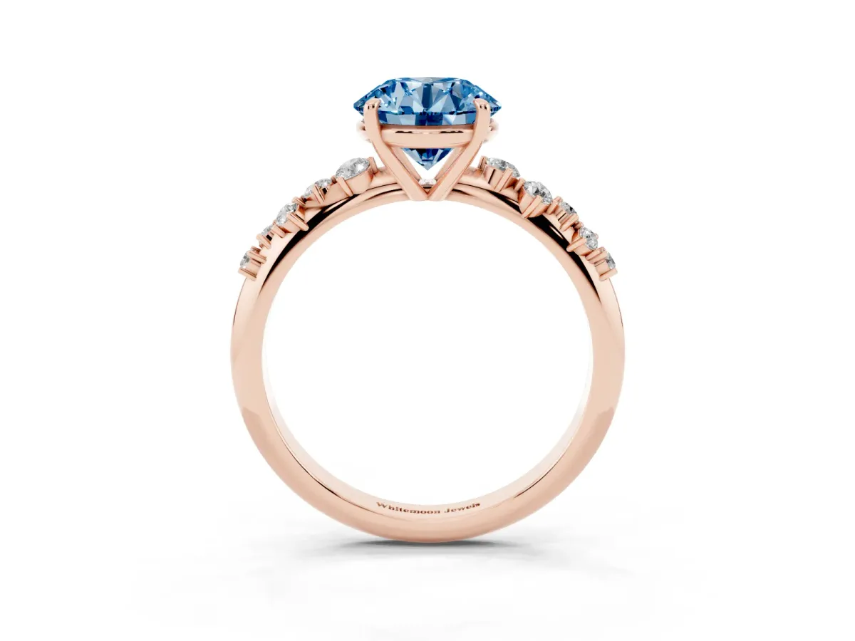 Fancy Blue Round Cut Diamond Cluster Side Stone Solitaire Ring with Prong Setting Rose gold