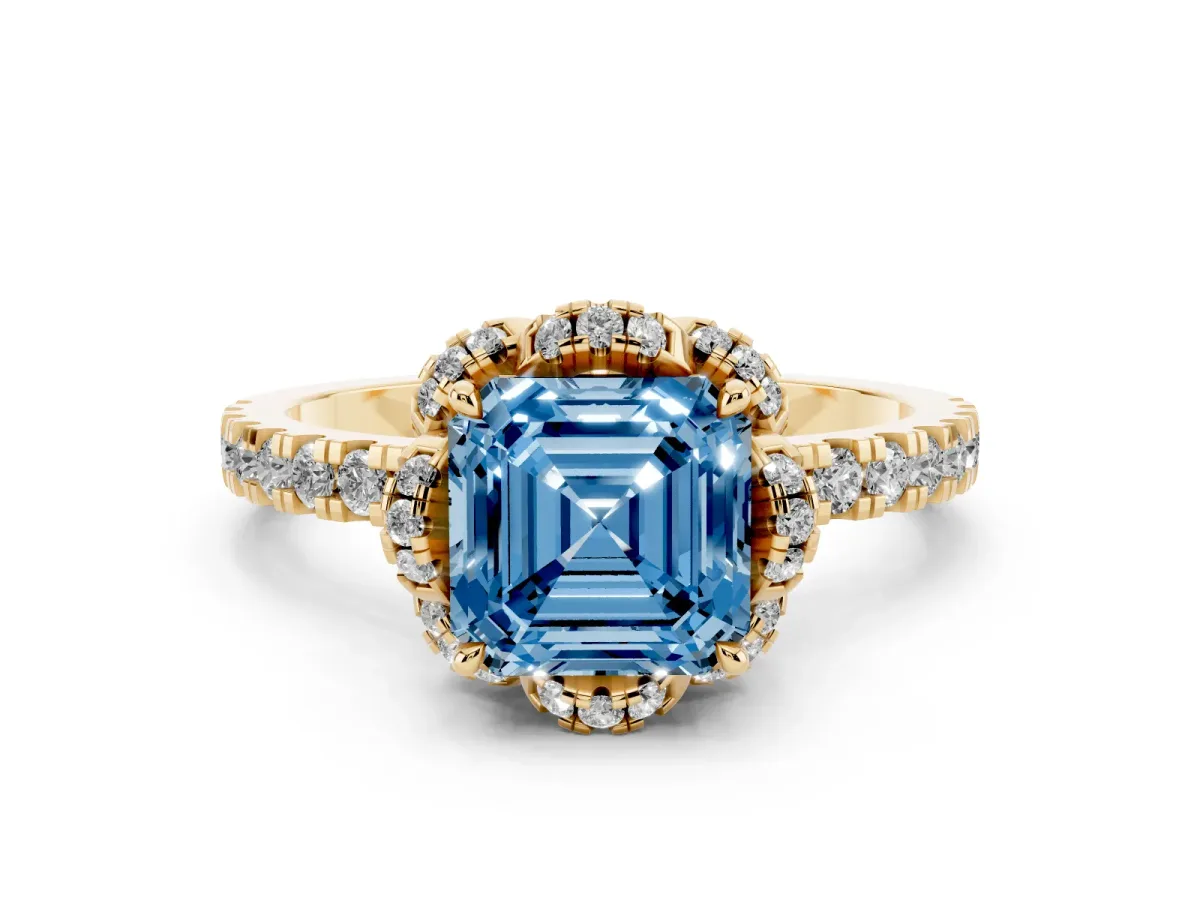Fancy Blue Asscher Cut Halo Diamond Pave Band Ring with Four-Prong Setting Yellow gold