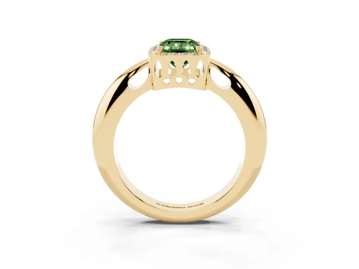 Fancy Green Emerald Cut Cut Diamond Halo Engagement Ring with Split Shank and Four-Prong Setting Yellow gold