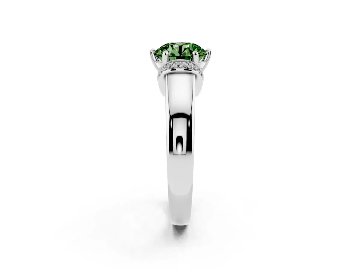 Fancy Green Round Cut Solitaire Diamond Ring with Pave Band and Six-Prong Setting Platinum