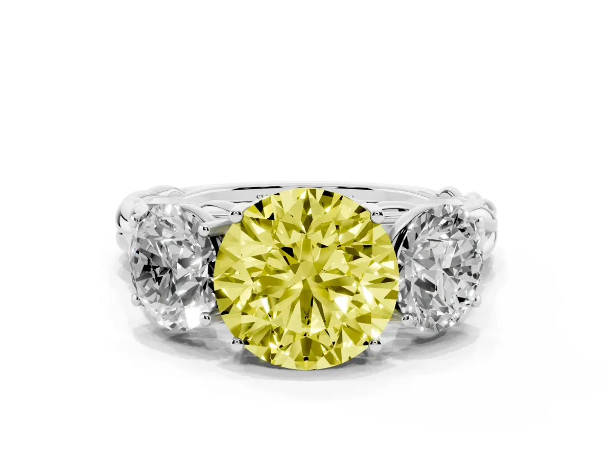Fancy Yellow Three-Stone Round Cut Diamond Braided Band Ring with Four-Prong Setting Platinum